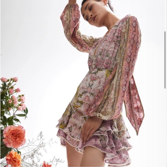 Hemant & Nandita Maya pink floral paisley ruffle V neck long sleeve mini dress S - Picture 3 of 16
